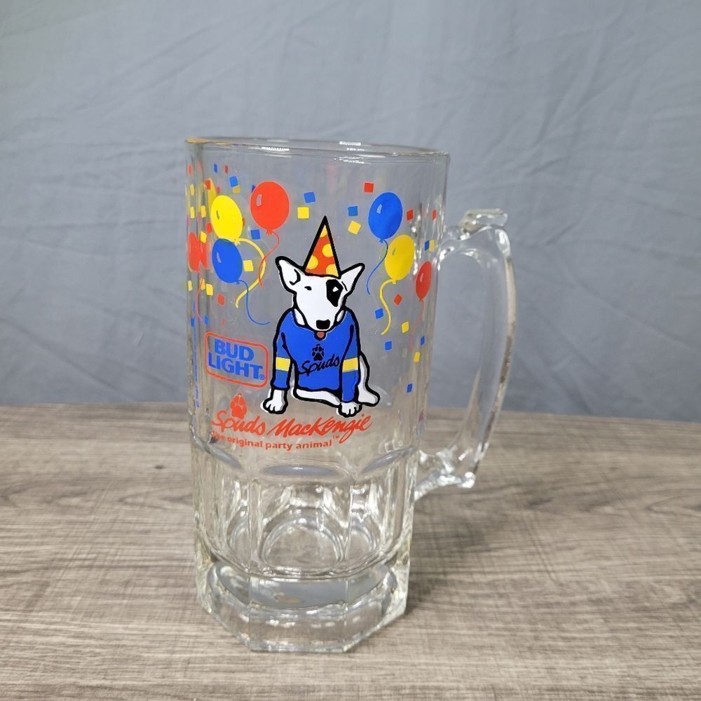 Spuds‎ MacKenzie 1987 Clear Glass Thumbprint 32 oz. Party Animal Beer Stein